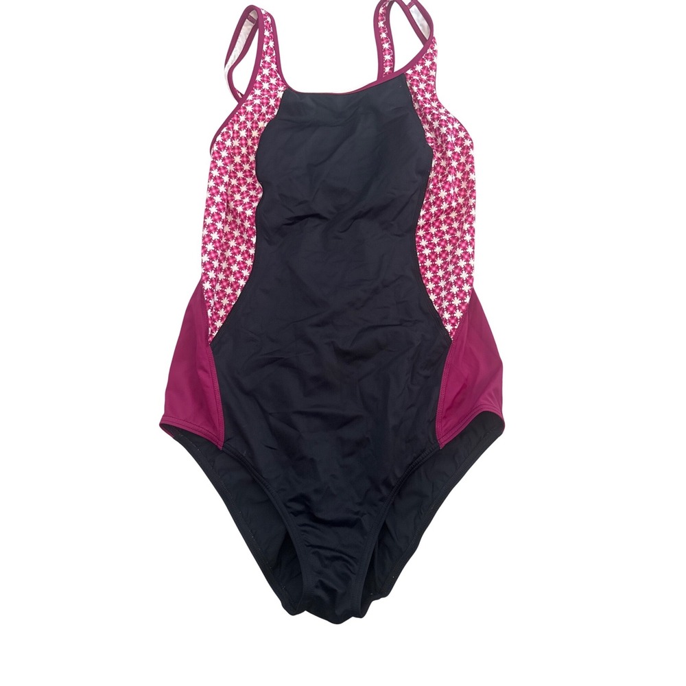 Lands End Womens 14 One Piece Swimsuit Racerback Navy Magenta Floral Star Print